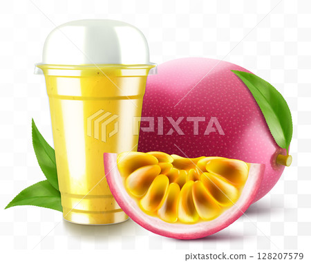 Clear plastic cup with passion fruit juice or smoothie. Fruit cocktail. Cup with sphere dome cap for milkshake, lemonade, cold or hot drink. Mug of fruity organic shake. Realistic 3d vector template 128207579