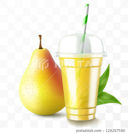 Clear plastic cup with sweet pear juice or smoothie. Cup with sphere dome cap for milkshake, lemonade. Fruity organic shake with ice cube. Fruit cocktail. Realistic 3d vector template 128207580