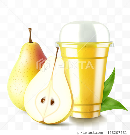 Clear plastic cup with sweet pear juice or smoothie. Cup with sphere dome cap for milkshake, lemonade. Fruity organic shake with ice cube. Fruit cocktail. Realistic 3d vector template Clear plastic cup with sweet pear juice or smoothie. Cup with sphere dome cap for milkshake, lemonade. Fruity organic shake with ice cube. Fruit cocktail. Realistic 3d vector template 128207581
