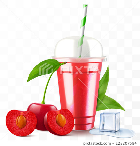 Clear plastic cup with cherry juice or smoothie. Fruit cocktail. Cup with sphere dome cap for milkshake, lemonade, cold or hot drink. Mug of fruity organic shake. Realistic 3d vector template 128207584