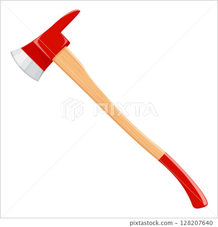 Firefighter axe isolated on white background. Red Hatchet. Fire ax firefighter rescue equipment. Metal woodcutter with handle made of wood. Vector illustration, Flat design. 128207640