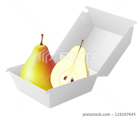 White food box with ripe pear. Packaging for hamburger, lunch, fast food, burger, sandwich isolated on white background. Packaging Cardboard Box Mockup, Realistic 3d Vector Illustration 128207645