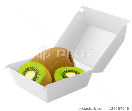 White food box with ripe kiwi. Packaging for hamburger, lunch, fast food, burger, sandwich isolated on white background. Packaging Cardboard Box Mockup, Realistic 3d Vector Illustration White food box with ripe kiwi. Packaging for hamburger, lunch, fast food, burger, sandwich isolated on white background. Packaging Cardboard Box Mockup, Realistic 3d Vector Illustration 128207646