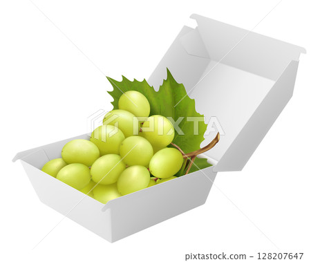 White food box with ripe bunch of grapes, packaging for hamburger, lunch, fast food, burger, sandwich isolated on white background. Packaging Cardboard Box Mockup, Realistic 3d Vector Illustration 128207647