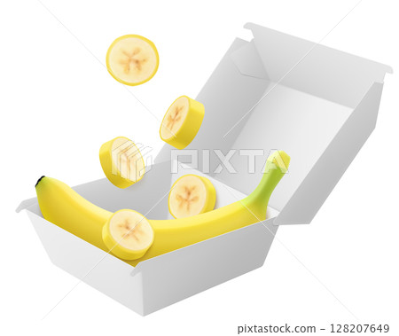 White food box with ripe banana. Packaging for hamburger, lunch, fast food, burger, sandwich isolated on white background. Packaging Cardboard Box Mockup, Realistic 3d Vector Illustration White food box with ripe banana. Packaging for hamburger, lunch, fast food, burger, sandwich isolated on white background. Packaging Cardboard Box Mockup, Realistic 3d Vector Illustration 128207649
