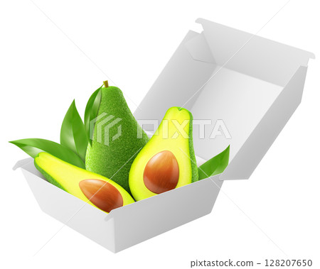 White food box with ripe avocado. Packaging for hamburger, lunch, fast food, burger, sandwich isolated on white background. Packaging Cardboard Box Mockup, Realistic 3d Vector Illustration White food box with ripe avocado. Packaging for hamburger, lunch, fast food, burger, sandwich isolated on white background. Packaging Cardboard Box Mockup, Realistic 3d Vector Illustration 128207650