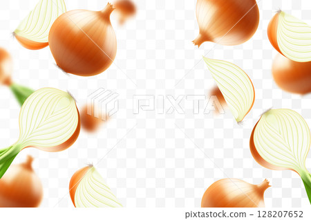 Falling onion, isolated on transparent background, selective focus. Flying onion with blurry effect. Can be used for advertising, packaging, banner, poster. Realistic 3d vector illustration Falling onion, isolated on transparent background, selective focus. Flying onion with blurry effect. Can be used for advertising, packaging, banner, poster. Realistic 3d vector illustration 128207652