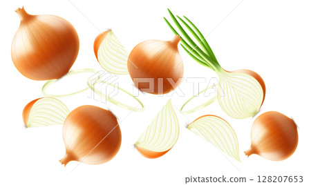 Falling onion, isolated on transparent background, selective focus. Flying onion with blurry effect. Can be used for advertising, packaging, banner, poster. Realistic 3d vector illustration Falling onion, isolated on transparent background, selective focus. Flying onion with blurry effect. Can be used for advertising, packaging, banner, poster. Realistic 3d vector illustration 128207653