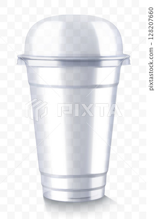 Clear empty plastic cup with sphere dome lid, isolated on transparent background. For milkshake and lemonade and smoothie. Takeaway beverage container. Realistic mockup, 3d vector illustration 128207660