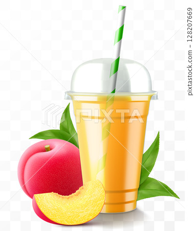 Clear plastic cup with plum juice or smoothie. Fruit cocktail. Cup with sphere dome cap for milkshake, lemonade, cold or hot drink. Mug of fruity organic shake. Realistic 3d vector template 128207669