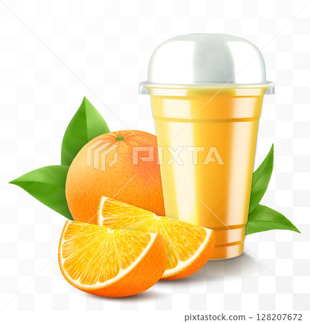 Clear plastic cup with orange juice or smoothie. Cup with sphere dome cap for milkshake, lemonade. Fruity organic shake with ice cube. Fruit cocktail. Realistic 3d vector template 128207672