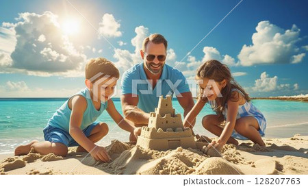 父母和孩子在夏天海玩 128207763