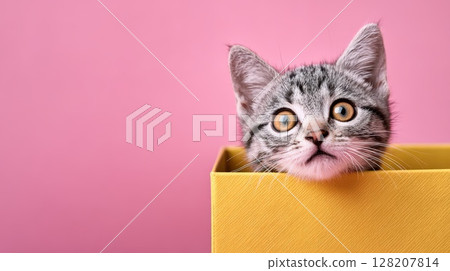 Cute Kitten Peeking From a Yellow Box Against a Pink Background Cute Kitten Peeking From a Yellow Box Against a Pink Background 128207814