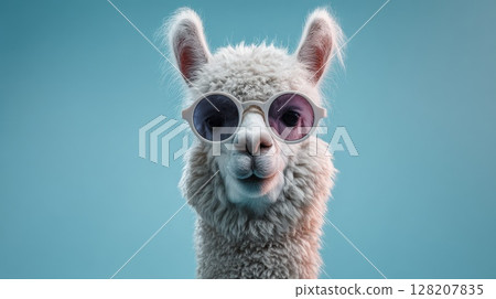 Alpaca Wearing Stylish Sunglasses Posed Against a Blue Background 128207835