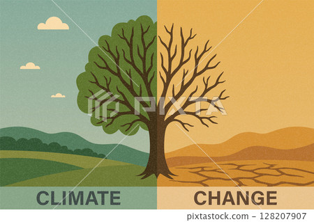 Climate Change Vector Illustration with a Tree Divided into Green and Dry Landscapes. Concept Art for Climate Change Awareness, Global Warming, Drought, Environmental Impact of Climate Change Climate Change Vector Illustration with a Tree Divided into Green and Dry Landscapes. Concept Art for Climate Change Awareness, Global Warming, Drought, Environmental Impact of Climate Change 128207907