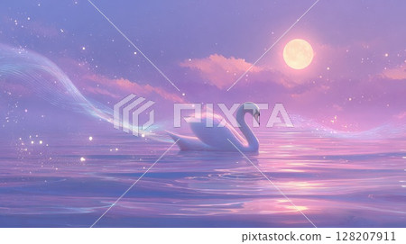 Elegant Swan Floating Under a Full Moon in a Dreamlike Setting 128207911