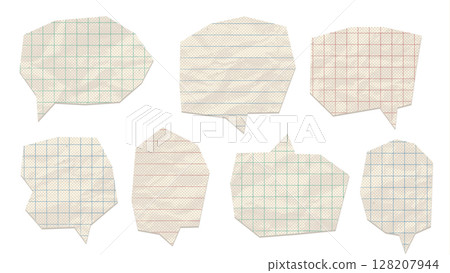 Set of speech bubbles made from crumpled paper with math lines notebook pattern. Vintage Dialogue shapes with halftone effect, dotted gritty texture and cut out notebook sheet edges. Vector 128207944