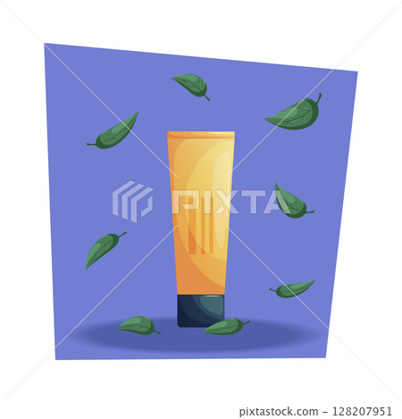 A tube of cream or ointment and falling leaves on a blue background. Vector cartoon illustration of medicine and medical preparations 128207951