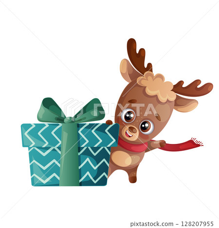 Funny happy cute deer with a gift box. Design of a Christmas card, banner, flyer with cartoon vector illustration 128207955