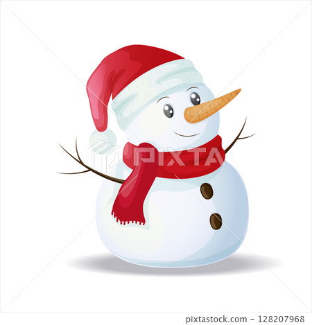 Cute snowman on a white background. New Year and Christmas card. Vector illustration Cute snowman on a white background. New Year and Christmas card. Vector illustration 128207968