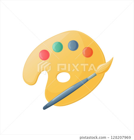Watercolor palette and paintbrush Icon, School Student Stationery Item Vector isolated Illustration 128207969