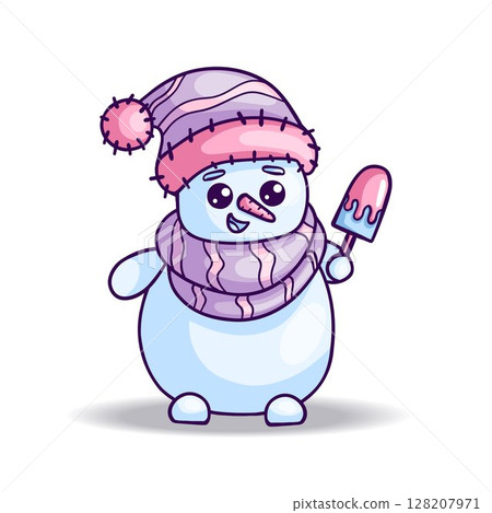 Cute snowman on a white background. New Year and Christmas card. Vector illustration 128207971