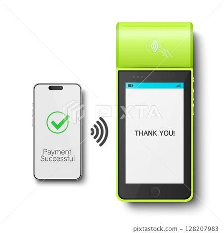 Vector 3D Realistic NFC Payment Terminal and Smartphone Closeup. Approved Payment, Successful Transaction. Payment Machine Design Template, Bank Payment Contactless Terminal 128207983