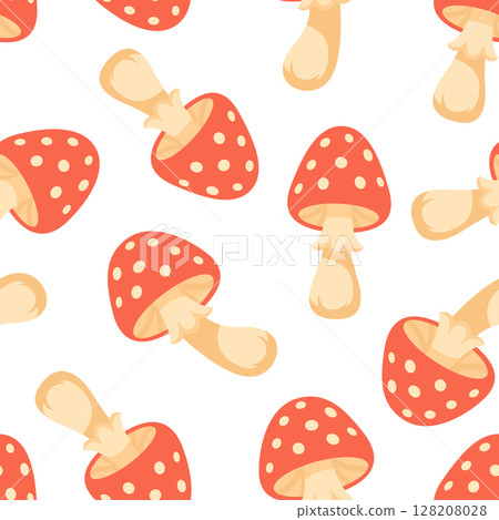 Amanita Mushroom Vector Seamless Pattern. Cartoon Red Amanita Mushroom Illustration. Forest Background. Poisonous Mushroom Fabric. Amanita Nature Decor, Woodland Print Design 128208028