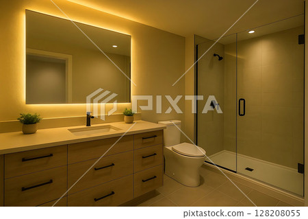 Contemporary Bathroom Interior with Minimalist Design and Natural Tones 128208055