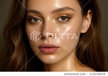 Close-Up Portrait of Young Dark-Haired Woman with Smooth Skin Close-Up Portrait of Young Dark-Haired Woman with Smooth Skin 128208056