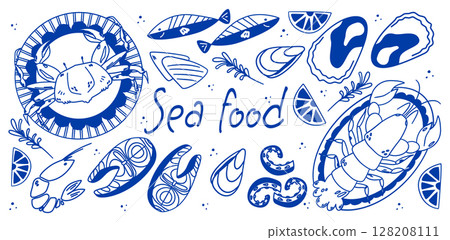 Seafood sketch. Mediterranean cuisine. Fish, octopus, salmon, crab. 128208111