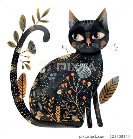 Artistic Cat Illustration with Floral Patterns - Decorative Black Cat Drawing for Creative Designs 128208344