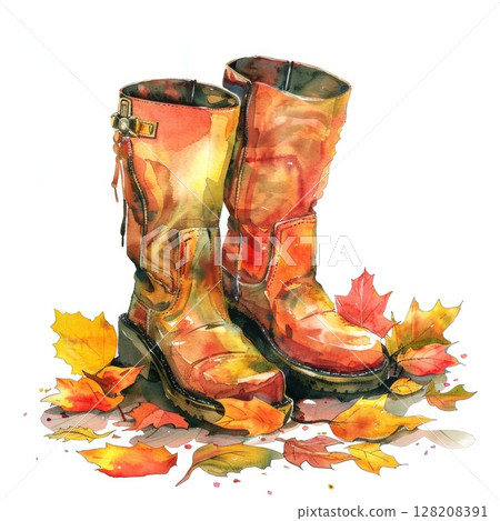 Watercolor Autumn Boots Amidst Falling Leaves - Vibrant Fall Season Illustration 128208391