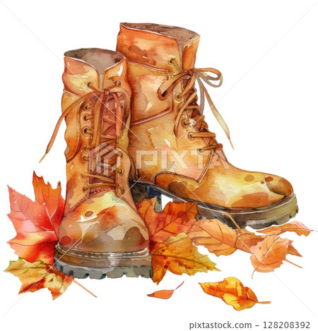 Watercolor Illustration of Autumn Boots with Fallen Leaves in Rustic Setting 128208392