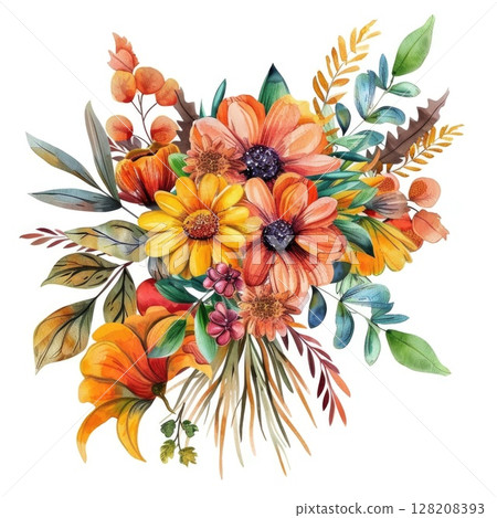 Watercolor Floral Bouquet Illustration with Vibrant Flowers and Greenery 128208393