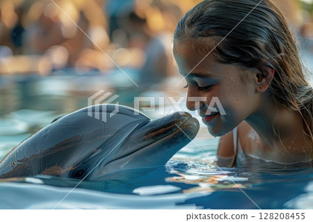 Joyful Interaction Between Girl and Dolphin at Aquarium 128208455