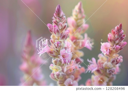 Serene Close-Up of Delicate Wildflowers in Golden Hour Light 128208496