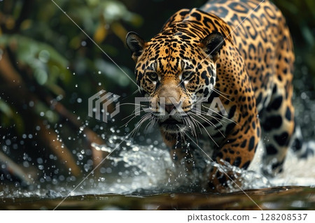 Cheetah Sprinting through Water in Natural Habitat at Sunset Cheetah Sprinting through Water in Natural Habitat at Sunset 128208537