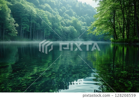 Tranquil Forest Lake with Misty Fog and Lush Green Reflections in Serene Natural Landscape 128208559