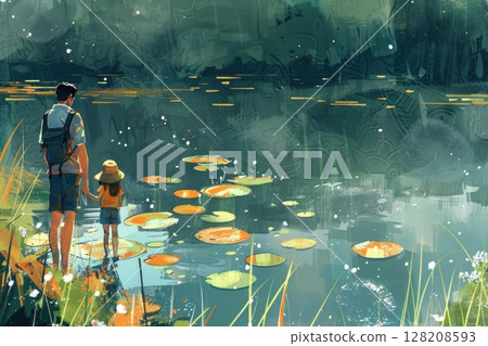 Father and Child Exploring Nature by the Pond with Lily Pads Under a Green Canopy Father and Child Exploring Nature by the Pond with Lily Pads Under a Green Canopy 128208593