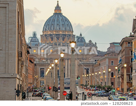St. Peter's Basilica in the evening from Via della Conciliazione in Rome. Vatican City 128208623