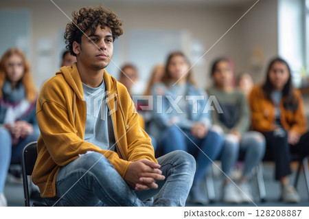 Teenager in Yellow Hoodie Attending Group Counseling Session with Peers 128208887