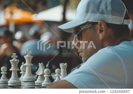 Man Strategizing Chess Move Outdoors in Casual Attire with Sunglasses and Cap 128208897
