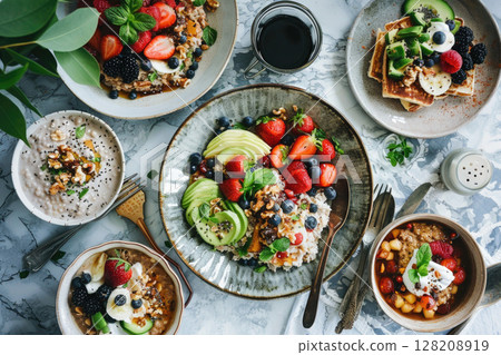 Healthy Breakfast Spread with Fresh Fruits, Avocado, Nuts, and Oatmeal 128208919