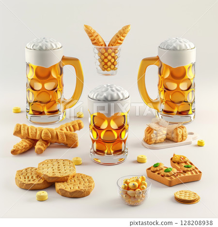 Assorted Beers and Snacks on White Background with Foam Assorted Beers and Snacks on White Background with Foam 128208938
