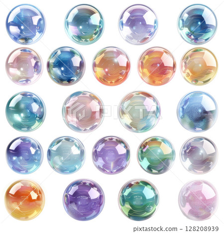 Colorful Floating Soap Bubbles Isolated on White Background 128208939