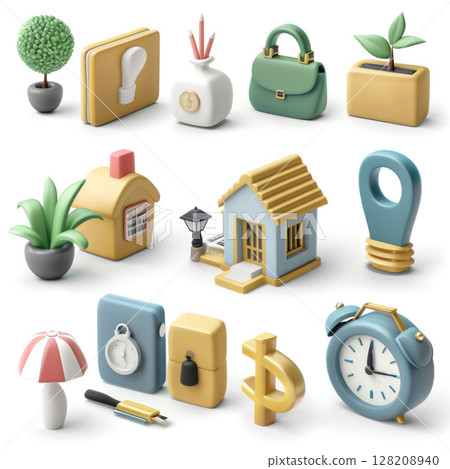 3D Rendered Business Icons with Travel, Finance, and Productivity Elements 3D Rendered Business Icons with Travel, Finance, and Productivity Elements 128208940