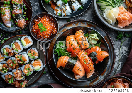 Assorted Sushi Platter with Nigiri, Rolls, and Fresh Garnishes 128208958