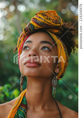 Portrait of a Woman with Colorful Headscarf and Freckles in Nature 128208978