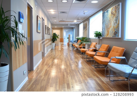 Modern Healthcare Facility Waiting Area with Comfortable Seating and Artwork 128208993